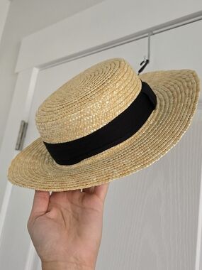 Zara Natural Straw Boater Hat with Black Band